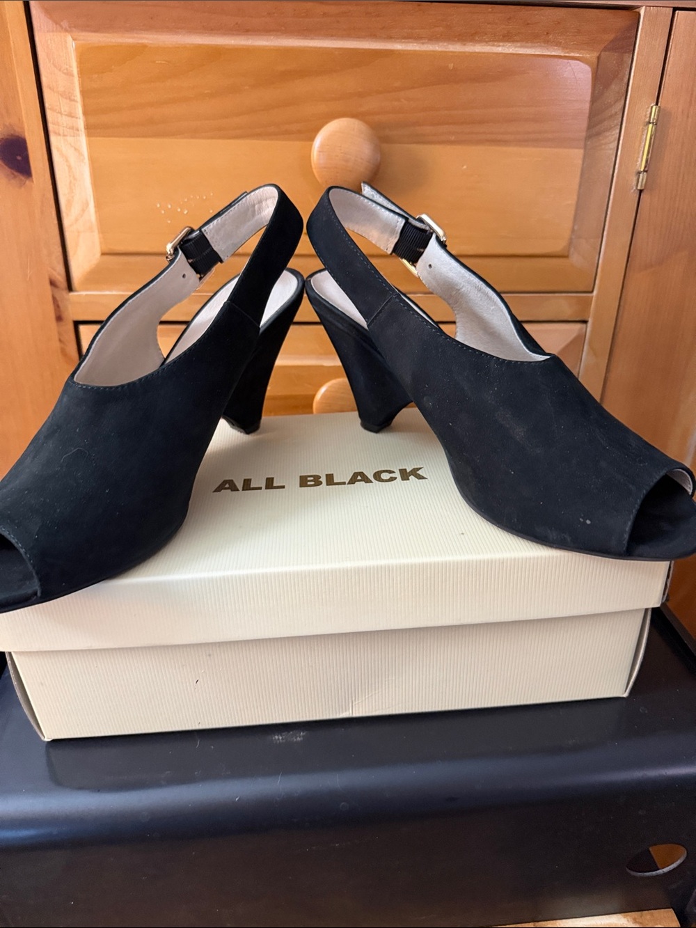 All Black Women's Black Suede Slingback Peep-Toe Heels
